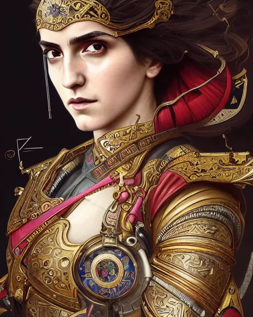 Image similar to portrait of a turkish masculine female emma watson cyberpunk machine, machine face, upper half portrait, decorated with ottoman opera motifs, muscular, asian, fine china, wuxia, traditional chinese art, intricate intense elegant, highly detailed symmetry headpiece digital painting artstation concept art smooth sharp focus illustration, art by artgerm and greg rutkowski alphonse mucha 8 k