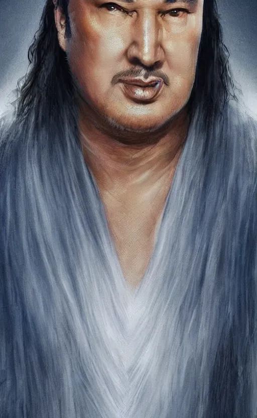 Prompt: steven seagal with wild hair and bright eyes. he's wearing a flowing kimono made of light, airy fabric and he has a mischievous look on his face, dynamic lighting, photorealistic fantasy concept art, trending on art station, stunning visuals, creative, cinematic, ultra detailed