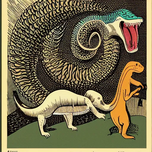 Image similar to a ferret and a dinosaur, colored woodcut, poster art, by Mackintosh, art noveau, by Ernst Haeckel