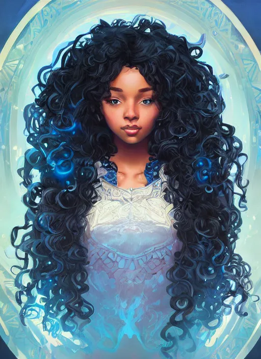 Image similar to beautiful black girl with long curly hair, blue eyes, cute, intricate, highly detailed, digital painting, trending on artstation, concept art, smooth, sharp focus, backlit, rim light, vivid colors, illustration, unreal engine 5, 8 k, art by rossdraws and alphonse mucha