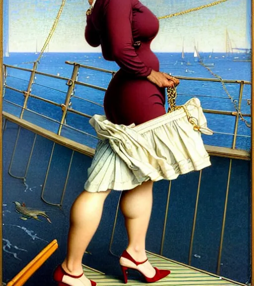 Prompt: a fancy beautiful plump young lady holding a purse standing on a wharf at the edge of the sea by brom and gil elvgren and jean delville and william blake and norman rockwell and michael whelan, crisp details, hyperrealism, high contrast, feminine facial features, stylish navy blue heels, gold chain belt, cream colored blouse, maroon hat