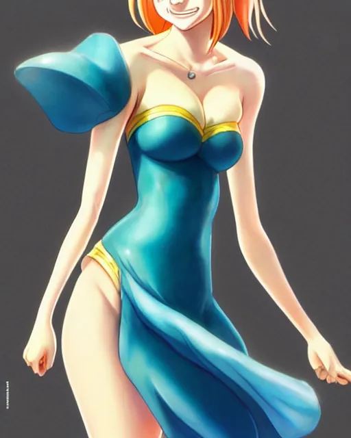 Prompt: emma stone as nami from one piece, simple cream dress, detailed perfect face, mid view, by artgerm, by studio muti, greg rutkowski makoto shinkai takashi takeuchi studio ghibli