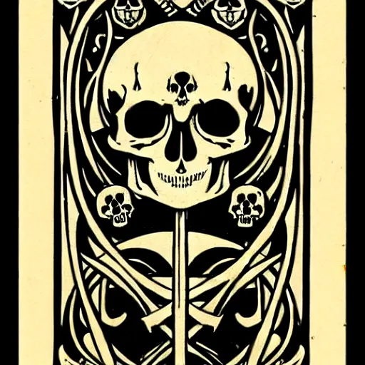 Prompt: tarot cards with skeletons skulls and roses, art nouveau, sharp,