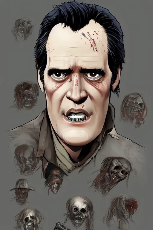 Prompt: bruce campbell as ash in sleepy hollow, full body, big two toned eyes, teeth gritted, horror, intricate details, cinematic, epic, realistic, anatomy, tomer hanuka, uplight, artstation, photorealistic, scary