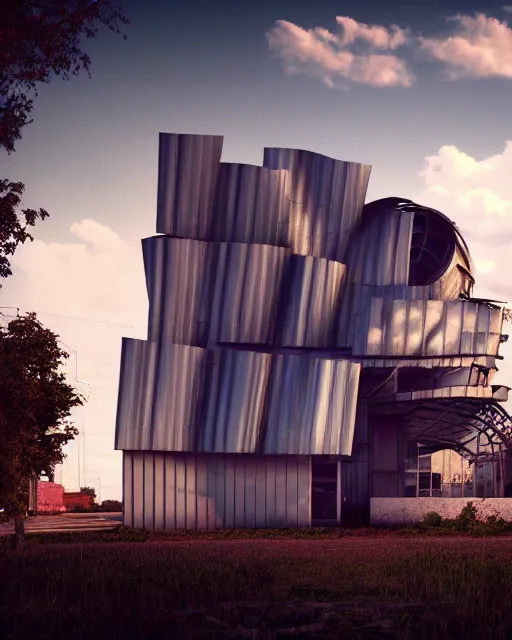 Image similar to a beautiful photorealistic render of architecture unfinished building abandoned industrial architecture nature chapel by frank gehry, synthwave vice city dramatic lighting infrared, archdaily, wallpaper, highly detailed, trending on artstation.