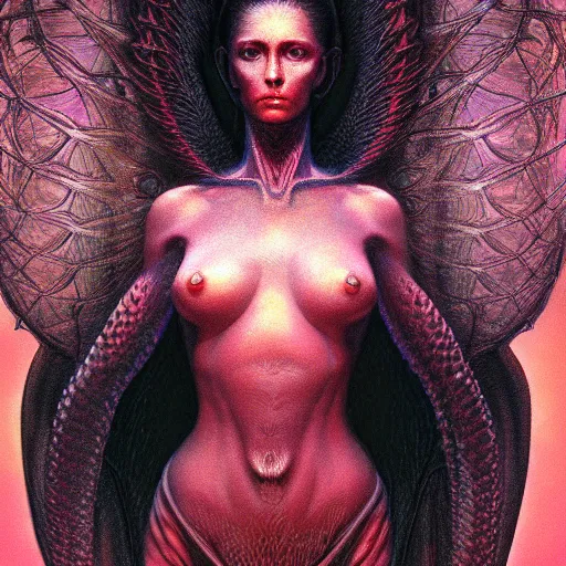 Image similar to A stunning portrait of a goddess, her body made of flames, by Wayne Barlowe and Jim Burns, 8K UHD, intricate, fantasy, Trending on artstation.