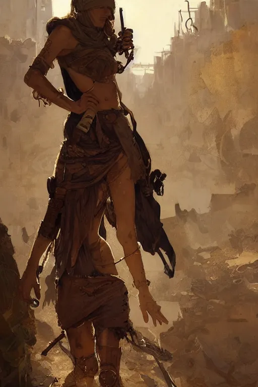 Prompt: a full body portrait of a beautiful post apocalyptic offworld shepherds quarter bedouin blind pulp fiction scarlet wild rogue barbarian leper begging by the roadside, intricate, elegant, highly detailed, digital painting, artstation, concept art, smooth, sharp focus, illustration, art by krenz cushart and artem demura and alphonse mucha