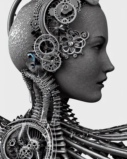 Image similar to mythical black and white organic bio-mechanical spinal ribbed profile face portrait detail of mechanical beautiful female angelic-vegetal-cyborg, highly detailed, intricate steampunk ornate, poetic, 3D render, digital art, octane render, 8K artistic photography, photo-realistic, by Dora Maar