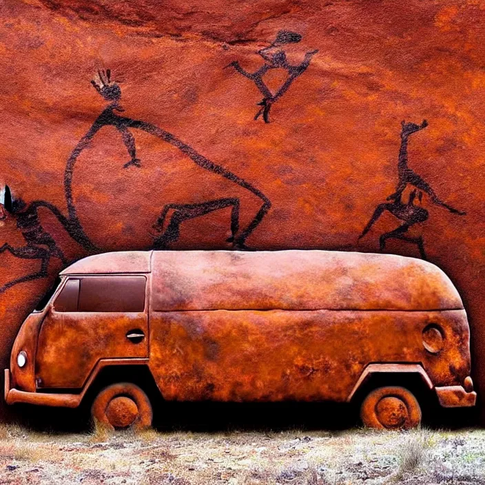 Image similar to red ocher painted on the wall image of ancient vw bus, mammoths and hunters, ancient prehistoric rock art in a cave style