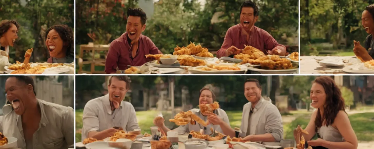 Image similar to a cinematic shot in daylight exterior wide shot of a couple of friends happy and smiling while eating church's chicken in dynamic poses, commercial ad, directed by autumn durald, complementary color scheme clothe, roger deakins lighting, shot in imax 7 0 mm, three point perspective 4 0 mm anamorphic lens