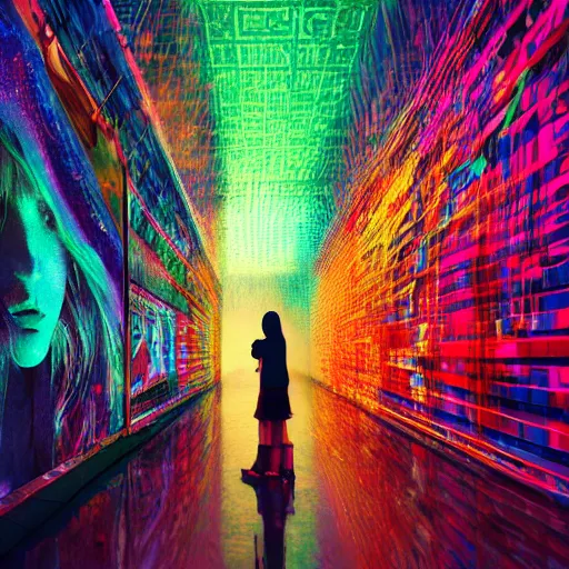 Image similar to cinematic shot epic hall of creatives, walls of large moving images, hyper realistic, mood lighting, fantasy, detailed people creating colorful diverse art, highly detailed, super realistic, perfect lighting pixel sorting, style sheet