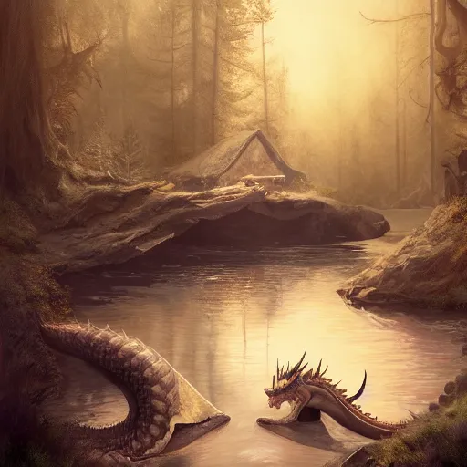 Image similar to brother grimms lakehouse legendary dragon digital art, irina french, heraldo ortega, mandy jurgens golden ratio, art canvas, award winning, masterpiece, trending on artstation, 8 k 1 5 0 mpx