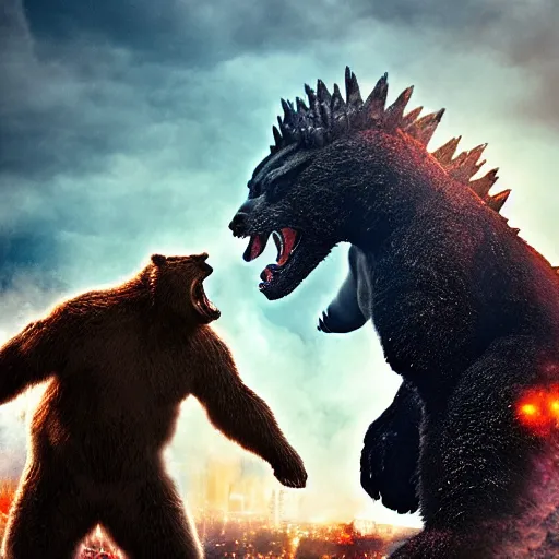 Image similar to a giant angry bear fighting with giant godzilla in the city, photomanipulation, photoshop, digital art