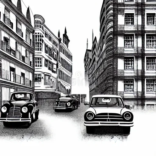 Image similar to book illustration of an old street with old cars, happy people, book illustration, monochromatic, white background, black and white image