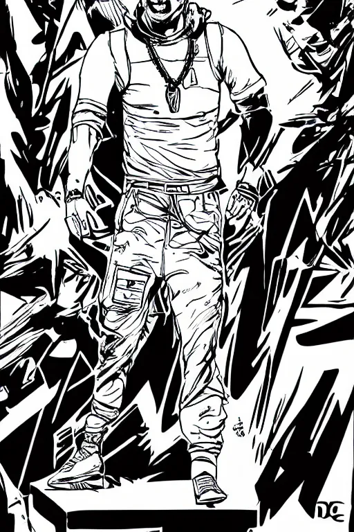 Image similar to jamie vardy as an edgerunner, standing heroically, a page from cyberpunk 2 0 2 0, style of paolo parente, style of mike jackson, adam smasher, johnny silverhand, 1 9 9 0 s comic book style, white background, ink drawing, black and white