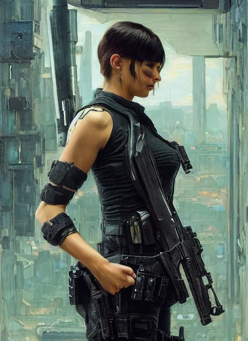 Image similar to 💃🏻. cyberpunk police trooper in a military vest ( blade runner 2 0 4 9, cyberpunk 2 0 7 7 ). orientalist portrait by john william waterhouse and james gurney and theodore ralli and nasreddine dinet, oil on canvas. cinematic, hyper realism, realistic proportions, dramatic lighting, high detail 4 k