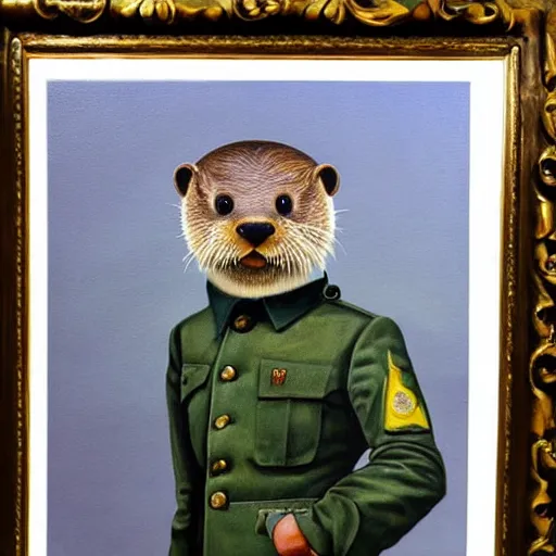 Image similar to oil painting of an anthropomorphic otter in military uniform, amazing detail, hyper realism,