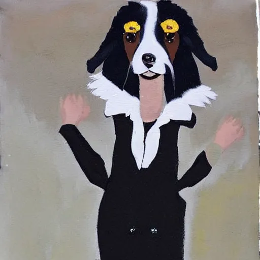 Prompt: a border collie dressed as a woman doing a fashion show in a theater, the audience consists of dogs, acrylic painting p