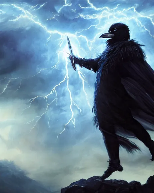 Prompt: oil painting of Anthropomorphized Raven Sorcerer casting spell, magical runes flying, wearing fur cloak, sharp focus, lightning storm background, magical aura, heroic pose, fantasy style, octane render, volumetric lighting, 8k high definition, by greg rutkowski, highly detailed, trending on art Station, magic the gathering artwork, Thunderstorm background, centered, dramatic artwork