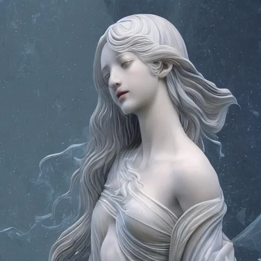 Image similar to “a delicate renaissance marble sculpture covered with water veil, highly detailed transparent marble cloth, beautiful girl with long hair, intricate, highly detailed, digital painting, artstation, official media, anime key visual, concept art, rich vivid colors, ambient lighting, sharp focus, illustration, art by Artgerm, Makoto Shinkai, Ilya Kuvshinov, Lois Van Baarle, and Rossdraws, gi, global illumination, physically based rendering, photorealistic, top light , dark background”