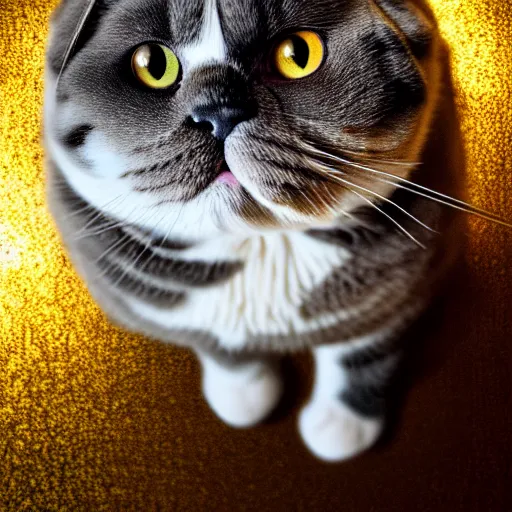 Image similar to a cute chubby Scottish fold cat with bow tie portrait, partially clothed in metal-plated battle armor, face centred, atmospheric lighting, painted, intricate, volumetric lighting, beautiful, golden hour, sharp focus, ultra detailed, by Leesha Hannigan, Ross Tran, Thierry Doizon, Kai Carpenter, Ignacio Fernández Ríos