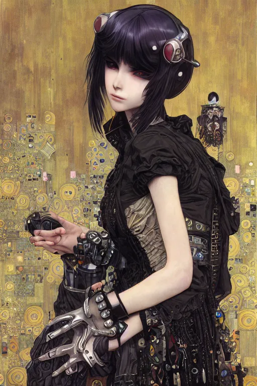 Image similar to portrait of beautiful young gothic maiden, cyberpunk, Warhammer, highly detailed, artstation, illustration, art by Gustav Klimt and Range Murata and Ilya Kuvshinov and Katsuya Terada