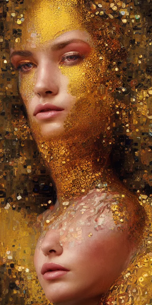 Image similar to an intricate portrait painting of an artistic pose young beautiful lady covered in klimt golden motives and textures, hyper - detailed, octane render, vivid colors, artstation, by jeremy mann, by gustav klimt