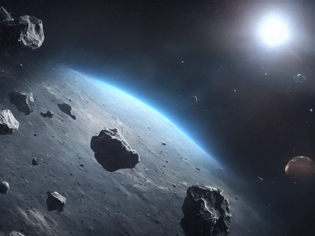 Image similar to beautiful view of sci fi space, asteroid belt. realistic render. high quality 8k 3d unreal engine 5. Overdetailed and maximalist.