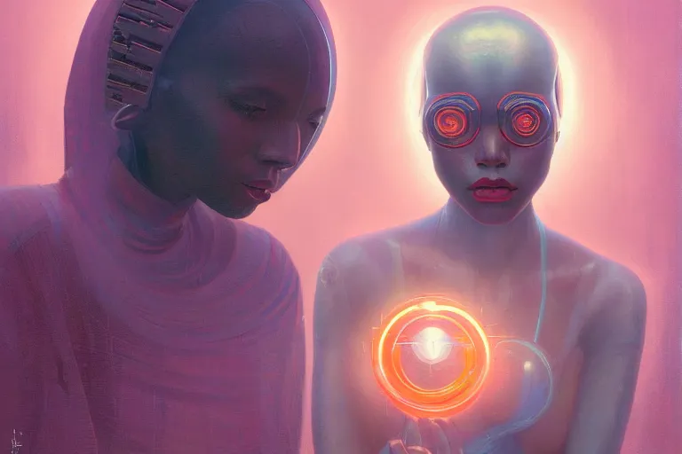 Image similar to patron saint 👩🏾 talking with machine, futuristic clothing, worm hole, neon god of city character portrait, in the style of moebius, wlop, tom bagshaw, and waterhouse, cinematic lighting, beautiful, elegant, oil painting,