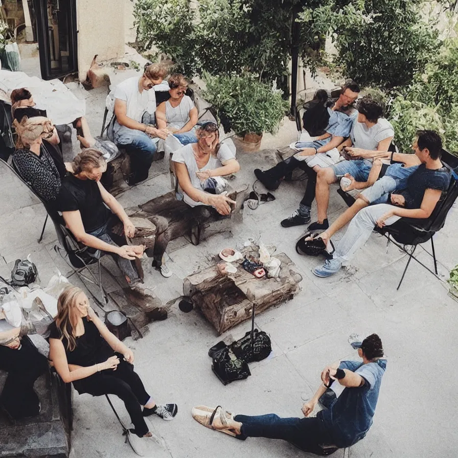 Prompt: “realistic 5 adults sitting on a cement patio in the summer listening to music”