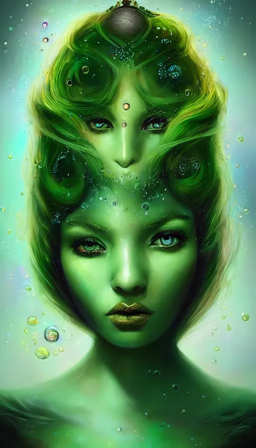 Prompt: unique portrait of magical green ork female , dark fantasy, gradient green black, dreamy and ethereal, (colour) eyes, one head, golden ratio, peaceful expression, ornate frilly dress, fantasy, intricate, elegant, rainbow bubbles, highly detailed, digital painting, artstation, concept art, smooth,b sharp focus, illustration, art by artgerm and greg rutkowski and alphonse mucha