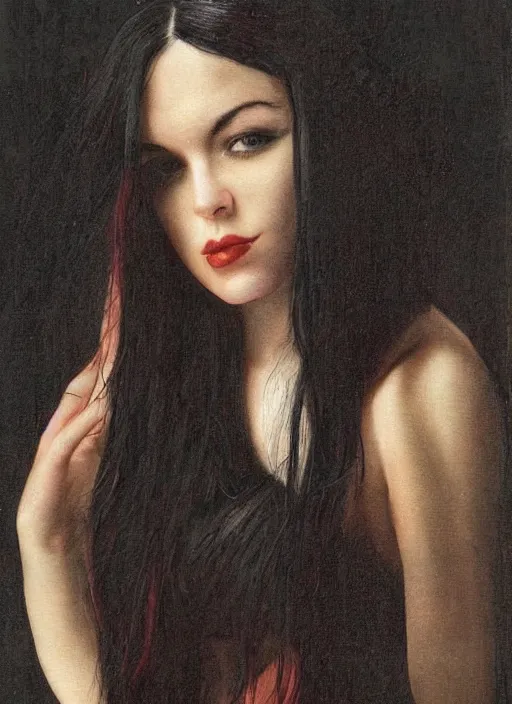 Image similar to a portrait of the most beautiful woman in the world with long black hair that extends past her waist with locks of hair that frame her face down to her chin and shows off her high forehead, dark brown eyes with long, voluminous eyelashes and pale skin, narrow waist and very large chest, wear a revealing red V-neck blouse that showed much of her chest and a loose sarong that exposed her long, slender legs with the green symbol of the Kuja adorned on it, along with a white cape sporting epaulettes more commonly found on the jackets of high-ranking Marines, and red high heel pumps, pink hearts in the background , romantic themed, beautiful face, intricate, highly detailed, digital painting, artstation, concept art, smooth, sharp focus, illustration, art by Artgerma