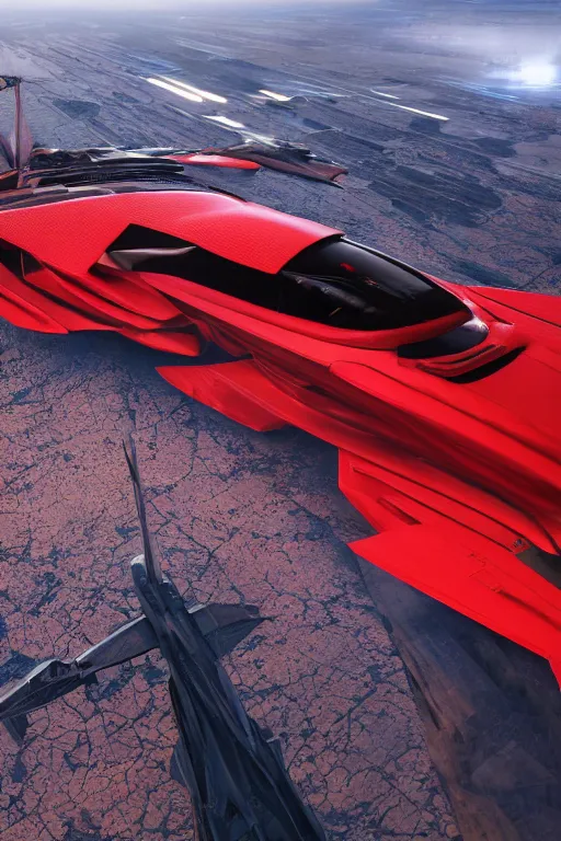 Prompt: professional photograph of a beautiful neo - futuristic simplified symmetrical space fighter docked on a desert plateau by ilm, denis villeneuve, emmanuel shiu, zaha hadid, vapor, cinematic architectural scale, red paint detail, manga, dramatic, volumetric, concept art, hard surface, hyperrealism, high detail, trending on artstation, sharp focus, rendered in octane