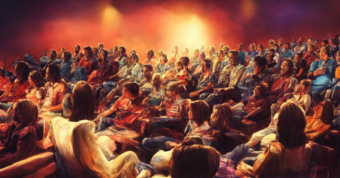 Image similar to rear view of the seated souls in the cinema and watching volumetric light of consciousness projecting their lives in front of them on the big screen, realistic, deep sense of spirituality, visual plasticity, unreal engine quality, raytracing, vray shading, style of earl norem