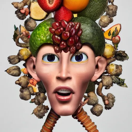 Prompt: megan fox editorial by malczewski, character sculpture by arcimboldo, stil frame from'cloudy with a chance of meatballs 2'( 2 0 1 3 ) of fruit succubus