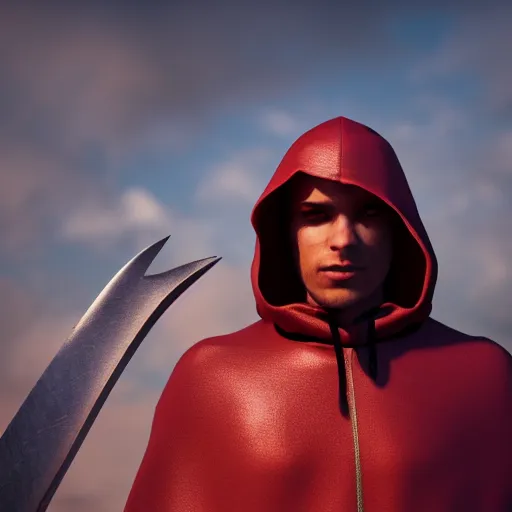 Prompt: warrior holding two swords, full body cape, red hoodie, worn out clothes, symmetry, unreal engine, volumetric light, photorealistic, full body shot, 8K, trending on artstation