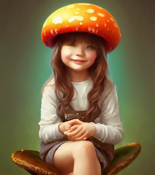 Image similar to a beautiful little girl wearing a mushroom hat sitting | | cute - fine - subtle smile, colorful hair, face, pretty face, fine details by stanley artgerm lau, wlop, rossdraws, james jean, andrei riabovitchev, marc simonetti, and sakimichan, trending on artstation