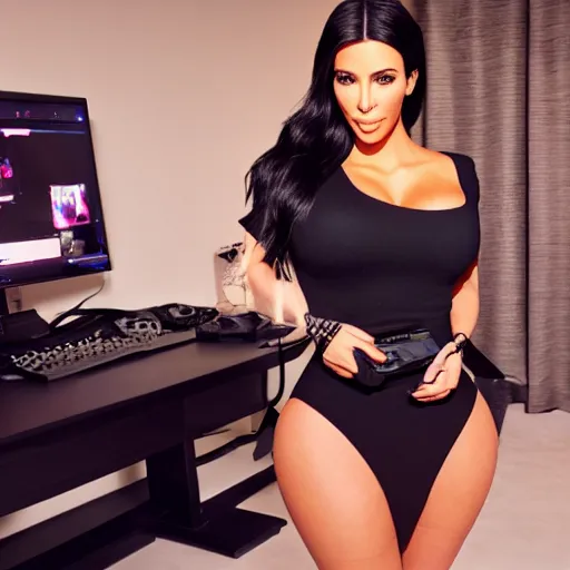 Image similar to still of kim kardashian as a twitch streamer, gaming room,