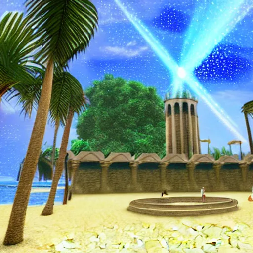 Prompt: Palace of the chalice, refracted sparkles, motion blur, ps1 videogame, thunderstorm, greek pool, beach and Tropical vegetation, 2005 game, moldy screenshot