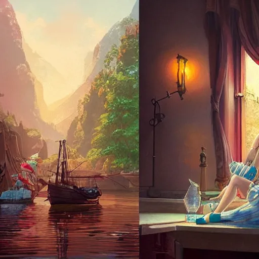 Image similar to a beautiful scenic painting by artgerm and wlop and wes anderson and spike jonze