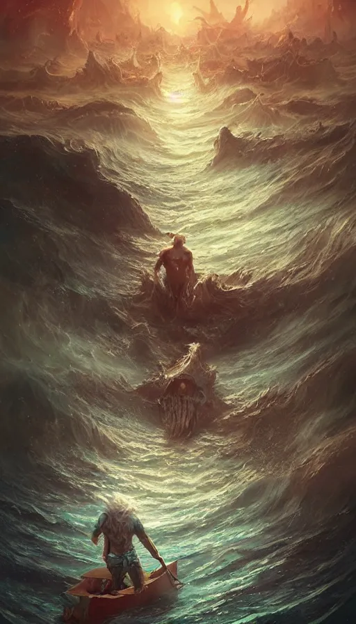 Prompt: man on boat crossing a body of water in hell with creatures in the water, sea of souls, by ross tran