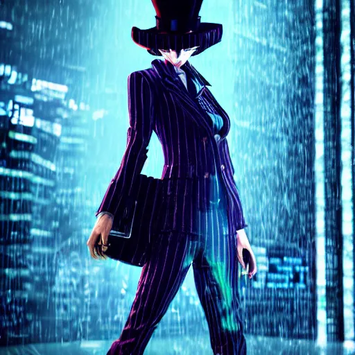 Image similar to stylish anime woman made out of rain, pinstripe suit, top hat, cyberpunk background, rendered in octane, unreal engine, raining, highly detailed, trending on artstation, realistic, neon