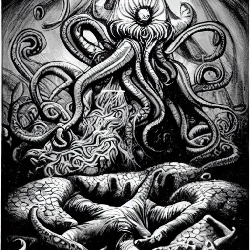 Prompt: cinematic scene of Cthulhu the cosmic god enveloping the fearful people, lovecraft
