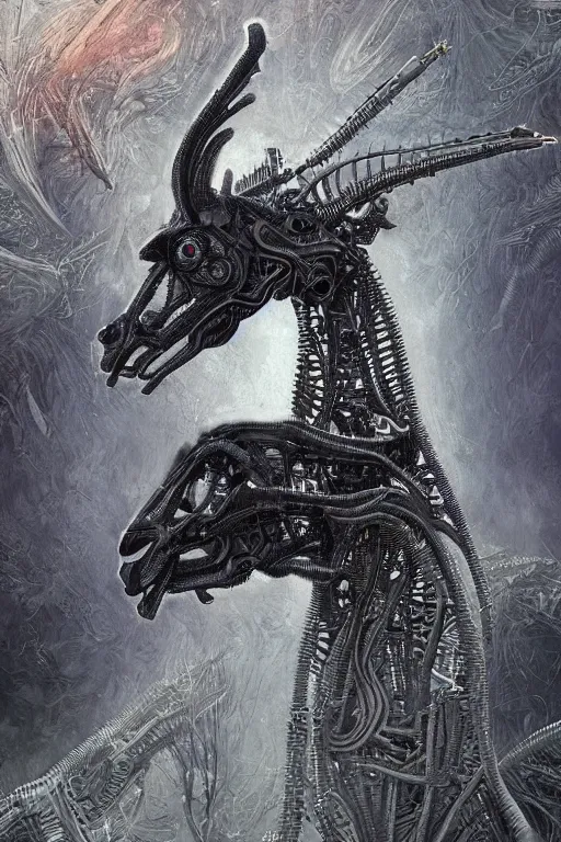 Image similar to H R Giger llama head landscape emanating centered bio mechanical cyborg llama head emerging, Giger background, evangelion beast mode, dramatic dynamic lighting, intricate, very very elegant, hyper detailed fractal interconnected tubes background by giger, digital painting, artstation, megastructure, very hyperrealistic, very very very HR GIGER, very beautiful, concept art, smooth, sharp focus, illustration daily deviation