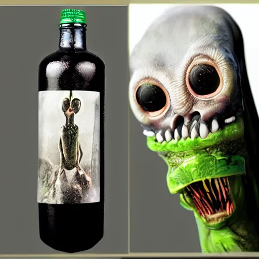 Prompt: a bottle with a strange creature inside, Photo realistic, super realistic, high definition, sinister photo, horror