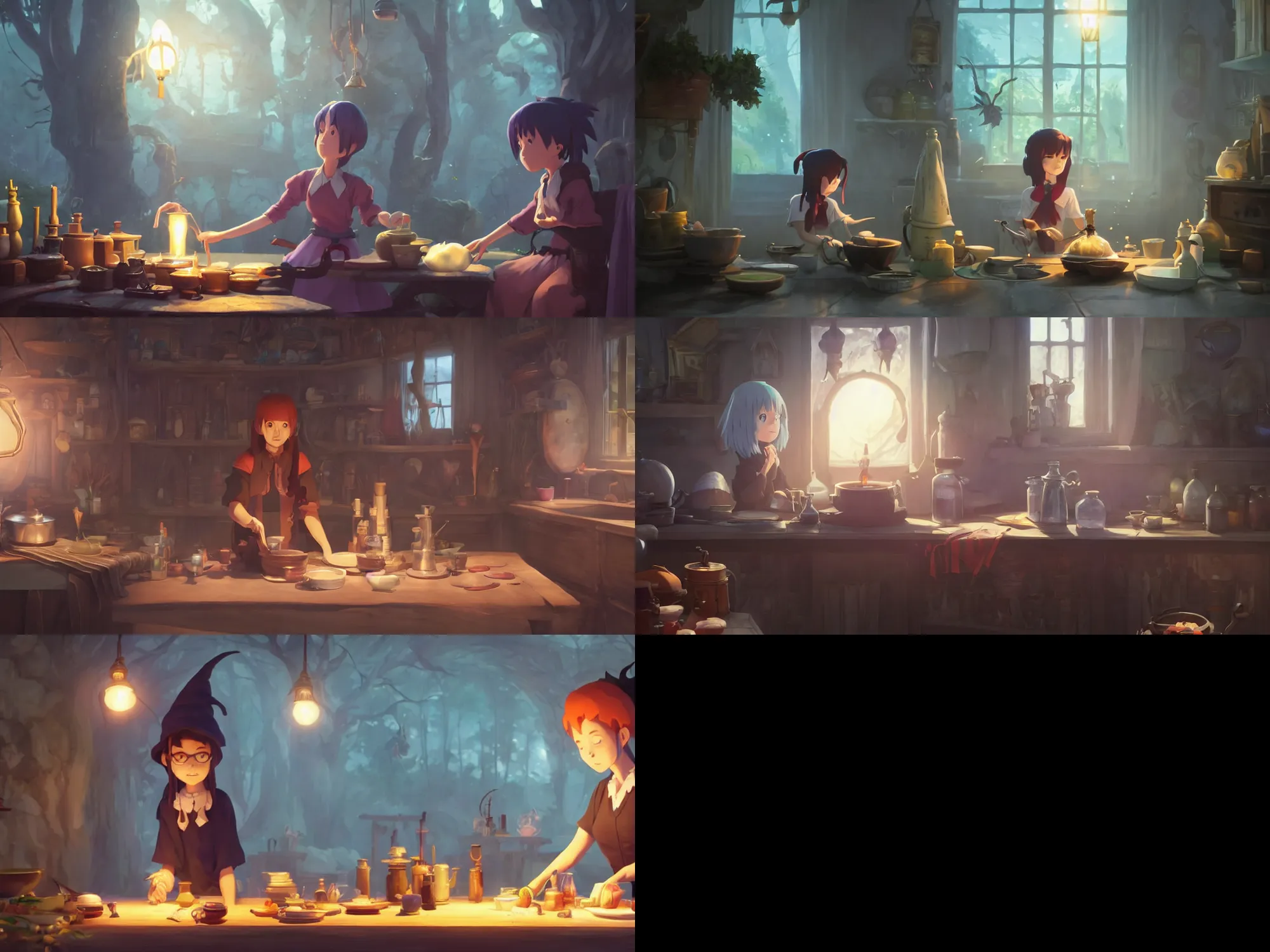 Prompt: a wholesome animation key shot of a focused witch preparing her potions at home, medium shot, waist up, studio Ghibli, Pixar and Disney animation, sharp, Rendered in Unreal Engine 5, anime key art by Greg Rutkowski, Bloom, dramatic lighting