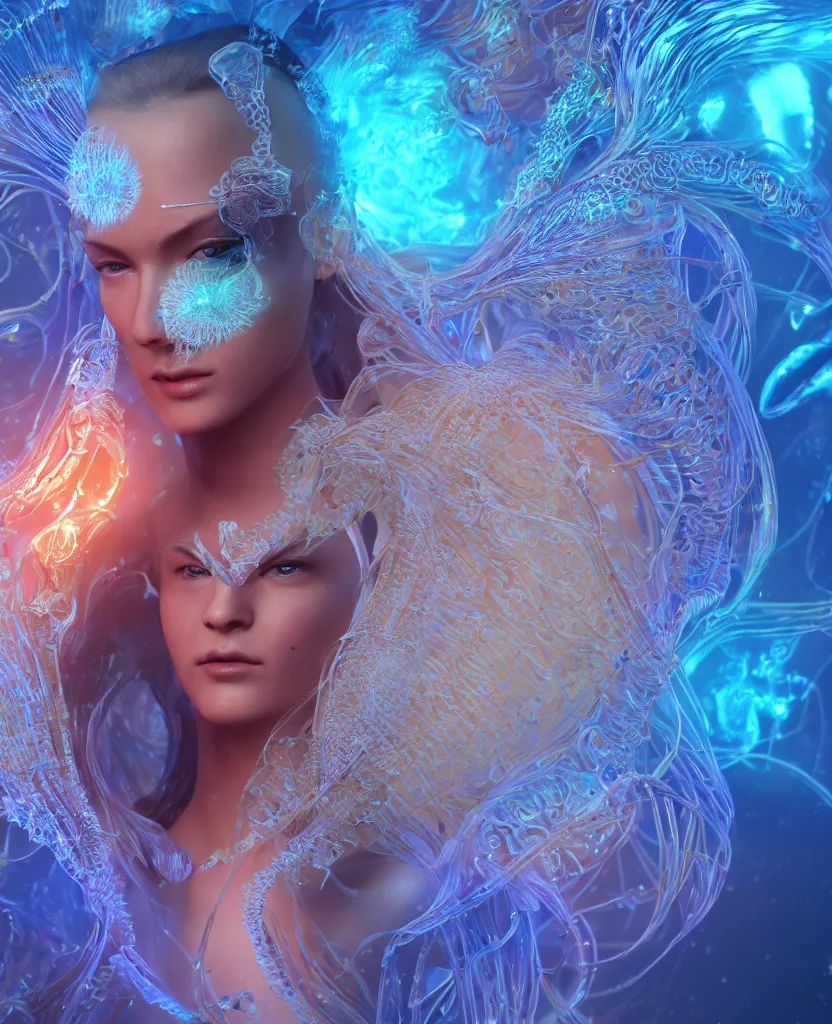 Image similar to close-up macro portrait of the face of a beautiful princess, epic angle and pose, symmetrical artwork, 3d with depth of field, blurred background, cybernetic jellyfish female face skull phoenix bird, translucent, nautilus, energy flows of water and fire. a highly detailed epic cinematic concept art CG render. made in Maya, Blender and Photoshop, octane render, excellent composition, cinematic dystopian brutalist atmosphere, dynamic dramatic cinematic lighting, aesthetic, very inspirational, arthouse. y Greg Rutkowski, Ilya Kuvshinov, WLOP, Stanley Artgerm Lau, Ruan Jia and Fenghua Zhong