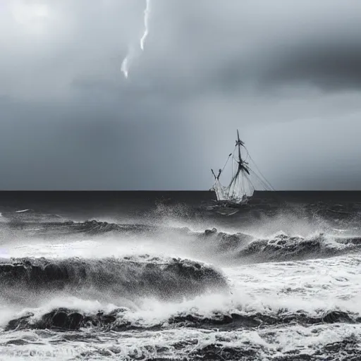 Image similar to Stormy sea, big waves, rain, lightning, gray clouds, old wooden ship, giant tentacles rising from water, Canon EOS R3, f/1.4, ISO 200, 1/160s, 8K, RAW, unedited, symmetrical balance, in-frame.