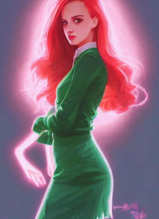 Image similar to full body portrait of teenage cheryl blossom, bangs, green eyes, sultry expression, red hair, sultry smirk, bangs and wavy hair, pink skirt, bangs, intricate, elegant, glowing lights, highly detailed, digital painting, artstation, concept art, smooth, sharp focus, illustration, art by wlop, mars ravelo and greg rutkowski