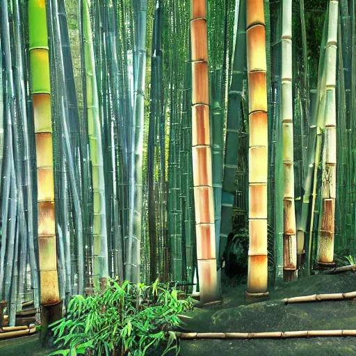 Prompt: Fighting game stage background, forest, Buddhist temple, bamboo, by Katuhiro Otomo